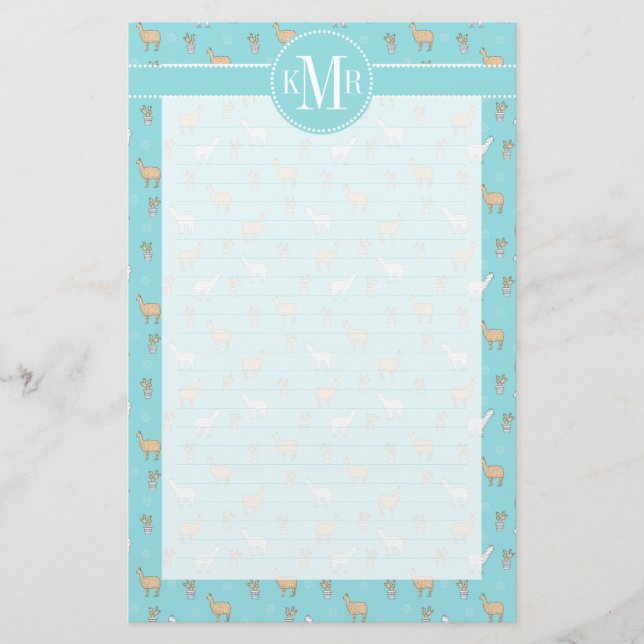 Cute Alpaca Llama Cactus Pattern Stationery (Front)