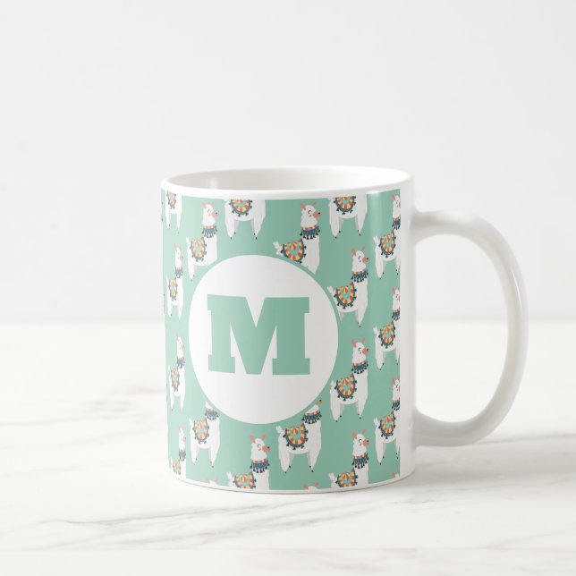 Cute Alpaca Llama Mint Green Monogram Coffee Mug (Right)