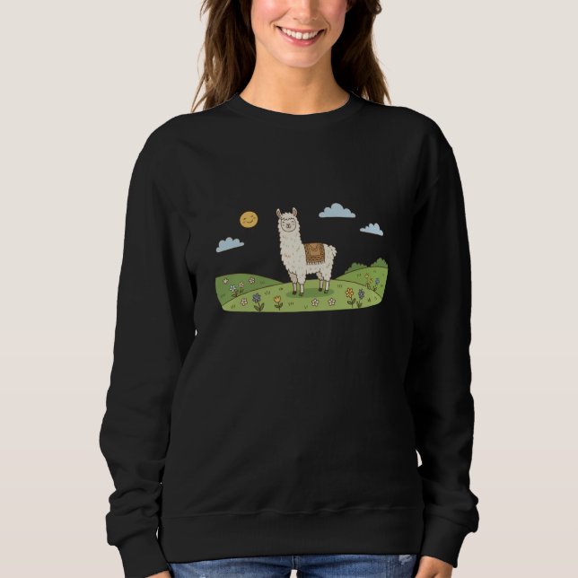 Cute Alpaca Llama Spring Flower Field Scene Sweatshirt (Front)