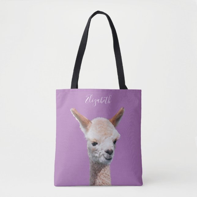 Cute Alpaca, Personalise Name, Lavender Tote Bag (Front)