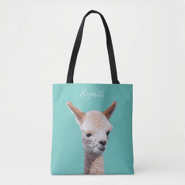 Cute Alpaca, Personalise Name Tote Bag (Front)