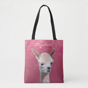 Cute Alpaca, Pink Glitter, DIY Name White Script Tote Bag