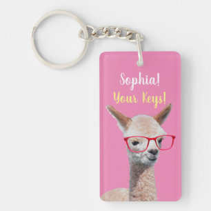 Cute Alpaca Red Glasses DIY, Name Message, Pink Key Ring