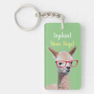 Cute Alpaca Red Glasses DIY, Name Message, Sage Key Ring