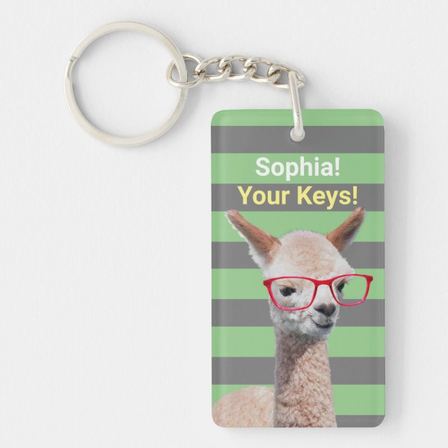 Cute Alpaca Red Glasses Personalise Name Message 5 Key Ring (Front)