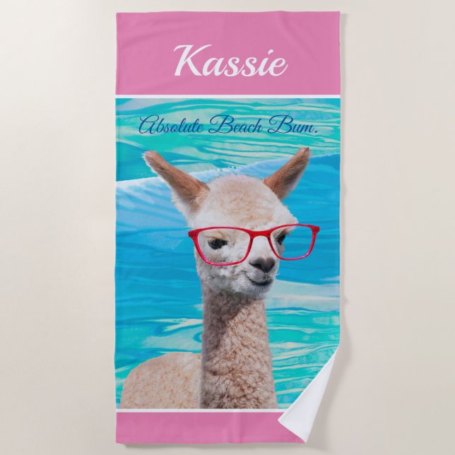 Cute Alpaca Red Glasses Personalise Name Message Beach Towel (Front)