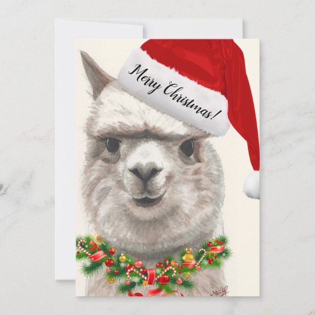 Cute Alpaca Santa Hat Christmas Card Original Art (Front)
