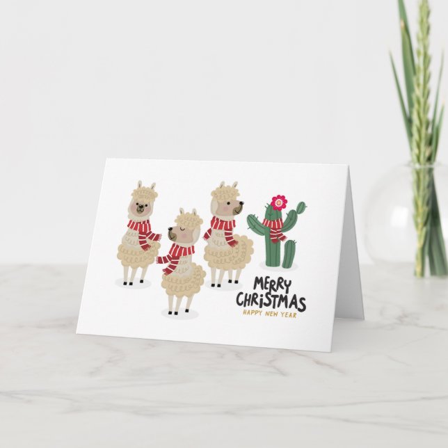 Cute Alpaca Wear Red Scarf Holiday Card (Front)