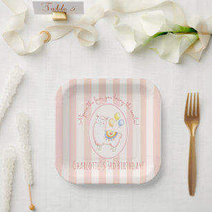 Cute Alpaca with Balloon Blush Pink Kids Birthday Paper Plate
