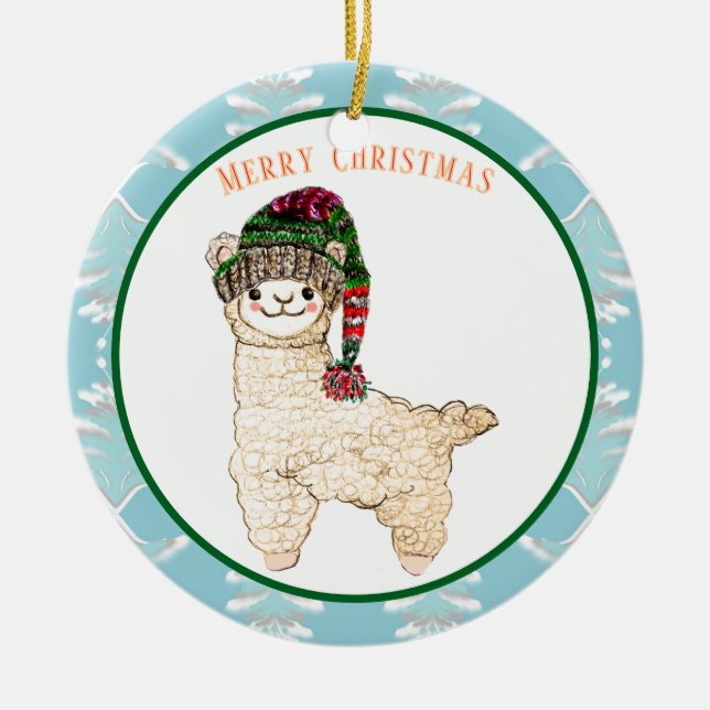 Cute alpaca with festive hat ceramic tree decoration (Front)