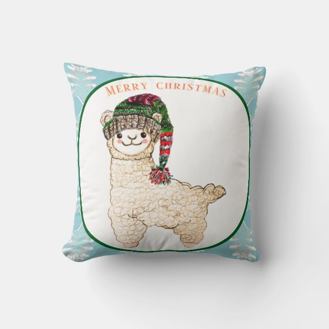 Cute alpaca with festive hat cushion (Front)