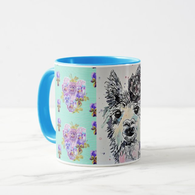Cute Alpacca Llama aqua Watercolor Painting Mug (Front Left)