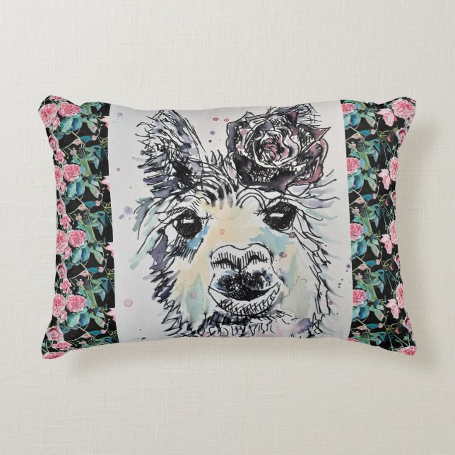Cute Alpacca Llama Roses Watercolor Accent Cushion (Front)