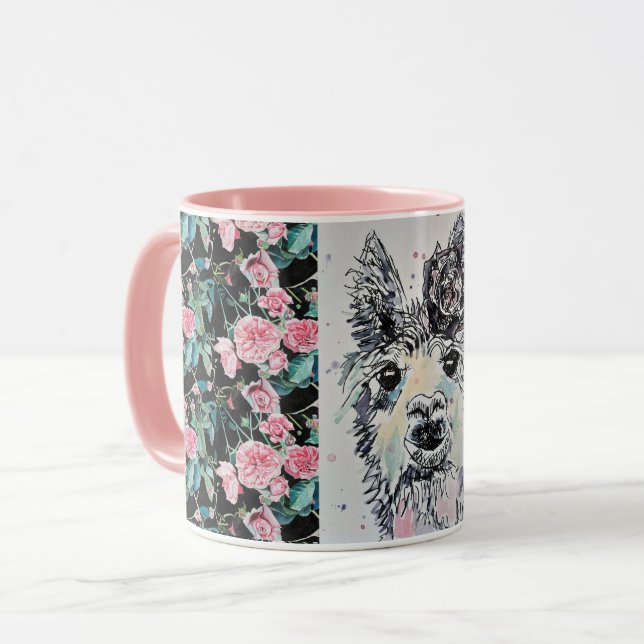 Cute Alpacca Llama Roses Watercolor Painting Mug (Front Left)
