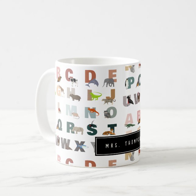 Cute Alphabet ABC Animals Custom Name School Coffee Mug (Front Left)