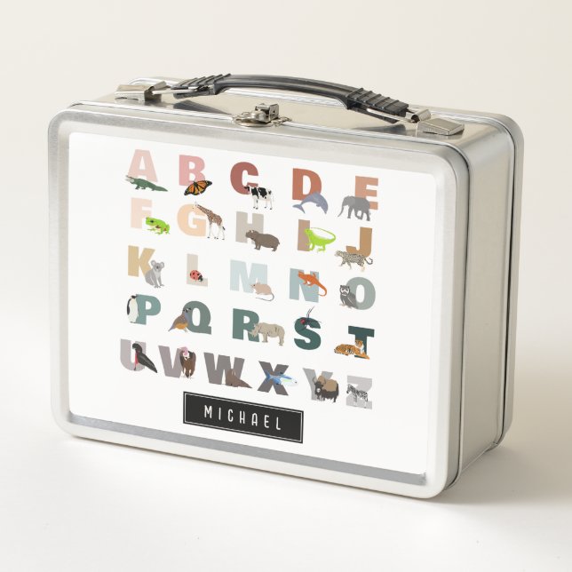 Cute Alphabet ABC Animals Custom Name School Metal Lunch Box (Front)