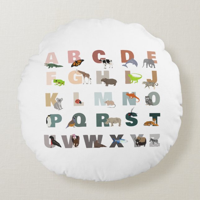 Cute Alphabet ABC Animals Round Cushion (Front)
