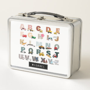 Cute Alphabet ABC Trucks, Transportation Vehicles Metal Lunch Box