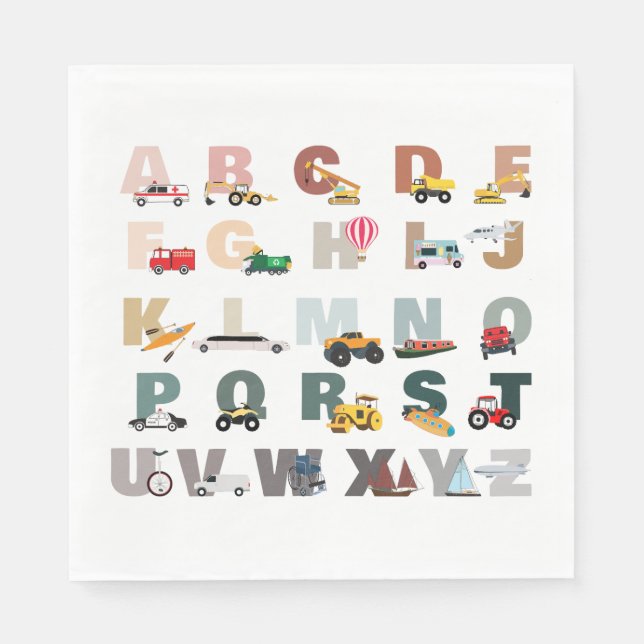 Cute Alphabet ABC Trucks, Transportation Vehicles Napkin (Front)