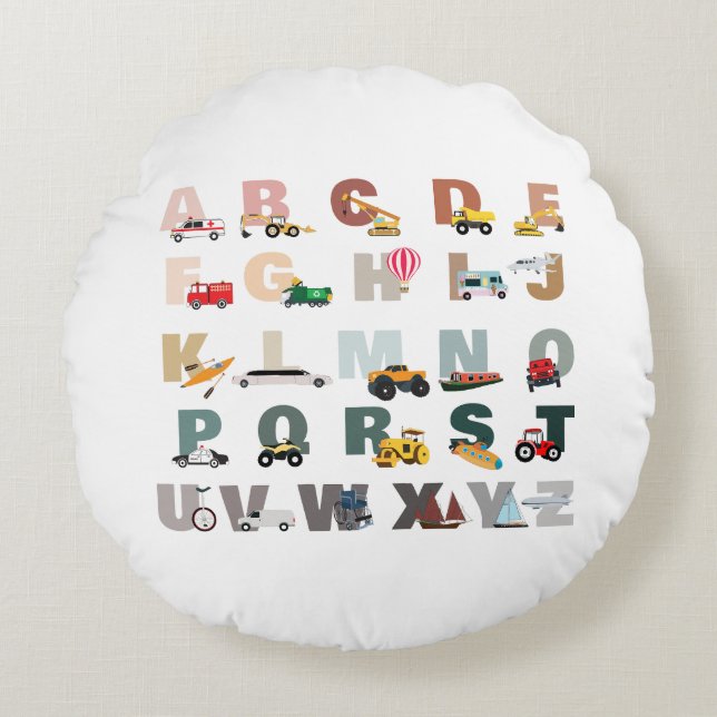 Cute Alphabet ABC Trucks, Transportation Vehicles Round Cushion (Front)