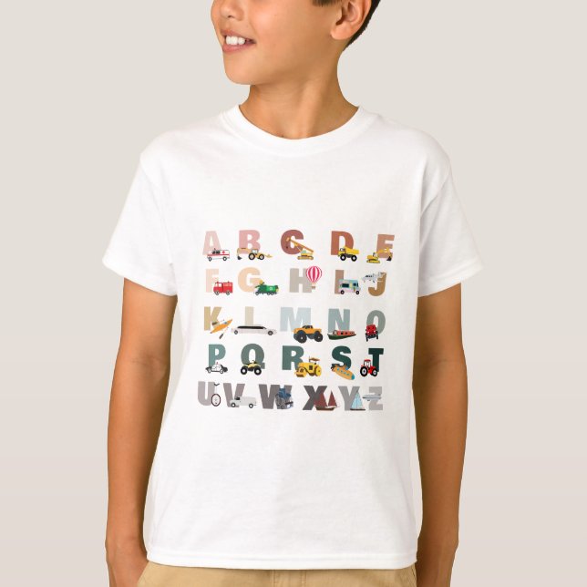 Cute Alphabet ABC Trucks, Transportation Vehicles T-Shirt (Front)