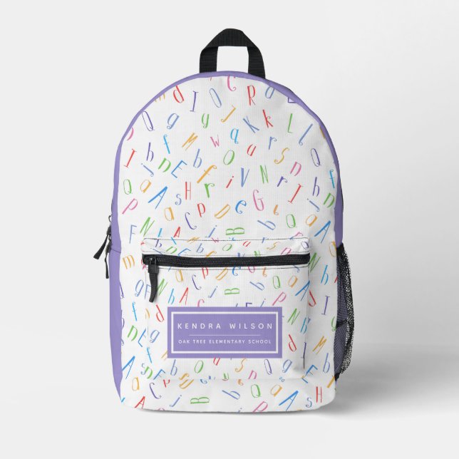Cute Alphabet Pattern _ White and Purple  Printed Backpack (Front)
