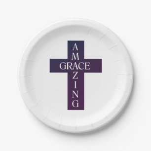 cute AMAZING GRACE typography and cross   Paper Plate