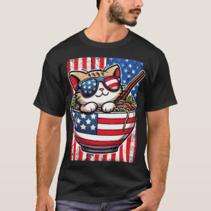 Cute America Cat Eating Ramen T-Shirt