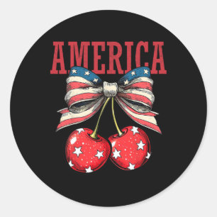 Cute America Cherries Coquette Bow Funny Cherry 4t Classic Round Sticker