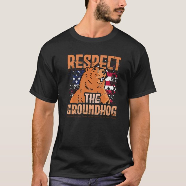 Cute America Respect Groundhog US Flag Rodent Grou T-Shirt (Front)