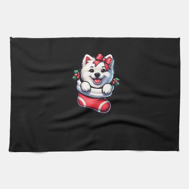Cute American Eskimo Christmas Stocking Classic T- Tea Towel (Horizontal)