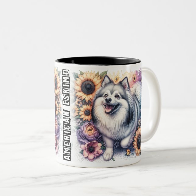Cute American Eskimo Dog Wrap Two-Tone Coffee Mug (Front Right)