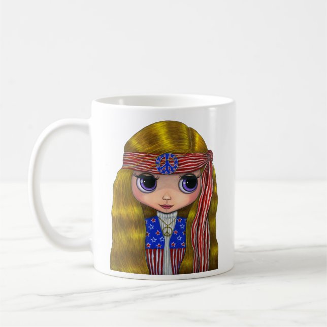 Cute American Hippie Girl Doll Big Eyes Mug (Left)