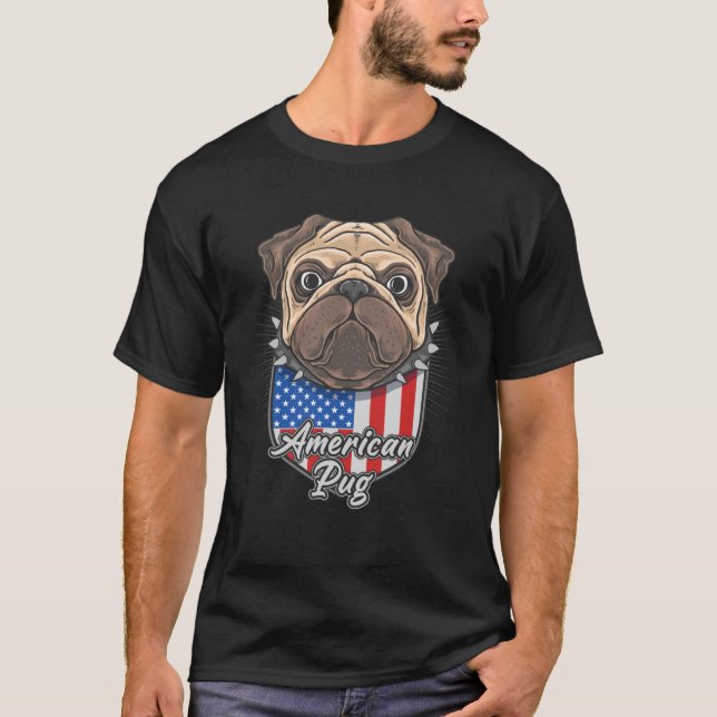Cute American Pug with USA Flag Shield Background  T-Shirt (Front)