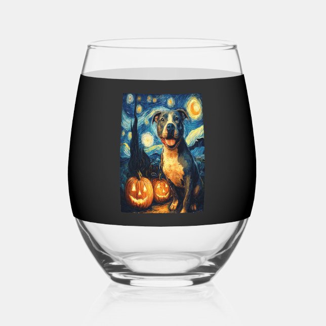 Cute American Staffordshire Terrier Dog Halloween  Stemless Wine Glass (Front)