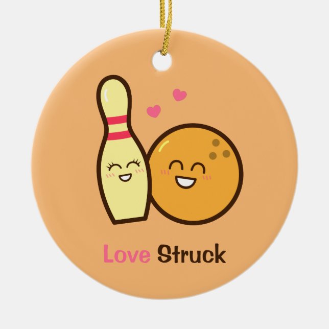 Cute Amusing Bowling Ball and Pin Love Struck Ceramic Tree Decoration (Front)