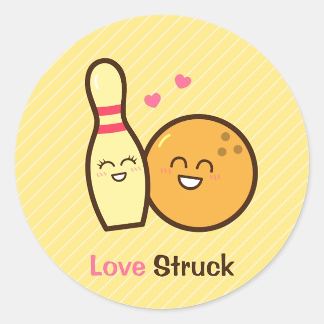 Cute Amusing Bowling Ball and Pin Love Struck Classic Round Sticker (Front)