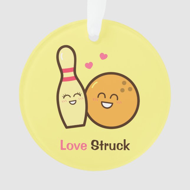 Cute Amusing Bowling Ball and Pin Love Struck Ornament (Front)