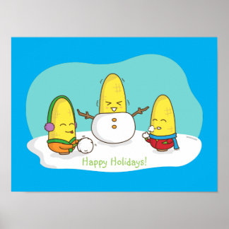Cute Amusing Christmas Corn Builds Snowman Poster