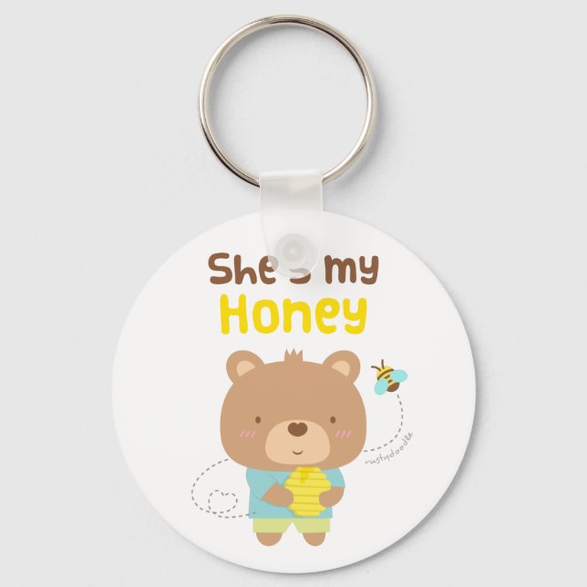 Cute Amusing Couple Male Bear and Bee Key Ring (Front)