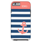 Cute Anchor Monograms in Trendy Coral Navy Strips