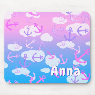 Cute Anchors And Clouds Dreamy Colors Custom Name Mouse Mat