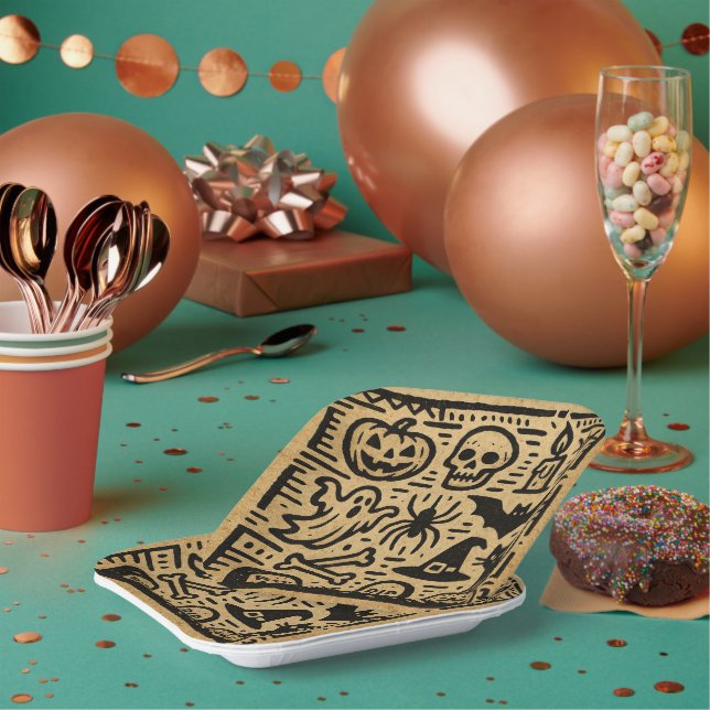 Cute ancient hieroglyph pumpkin and bat Halloween Paper Plate (Multi)