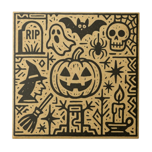 Cute ancient hieroglyph pumpkin, witch Halloween Tile (Front)