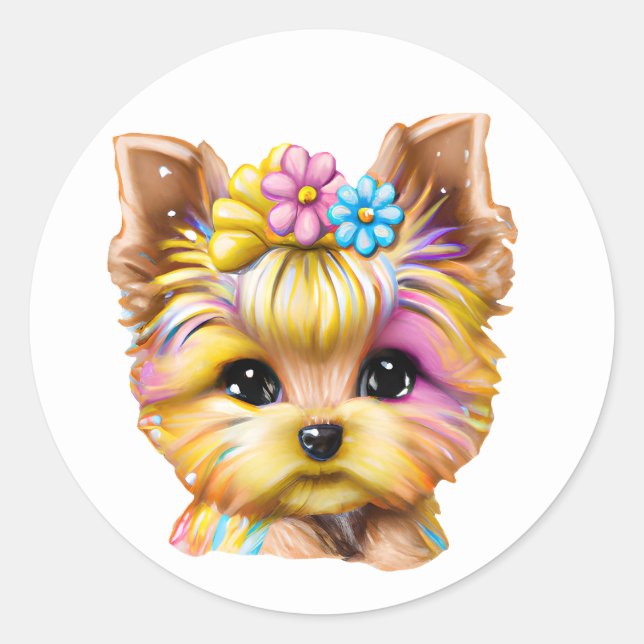 Cute and Adorable Baby Yorkie Classic Round Sticker (Front)