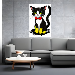 Cute and adorable black white cat   AI Art Poster