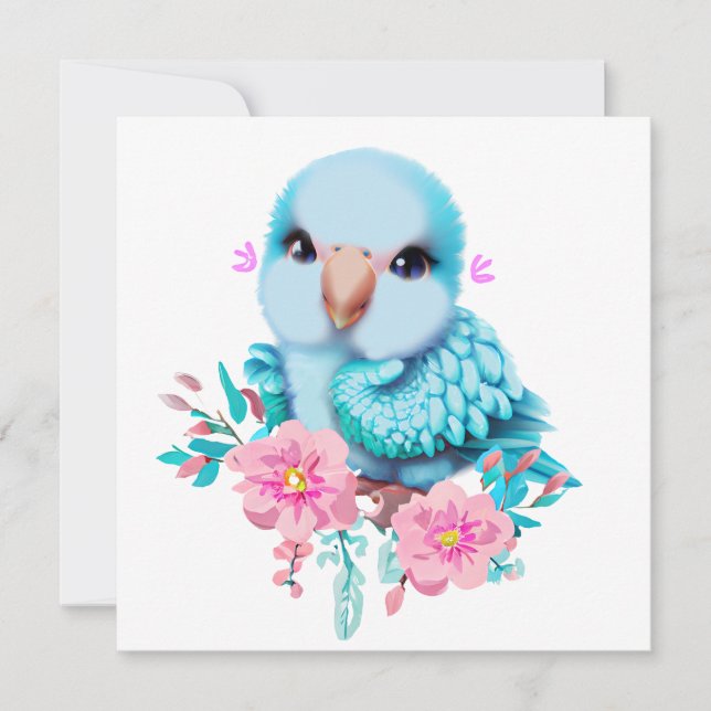 Cute and Adorable Blue Baby Parrot Holiday Card (Front)