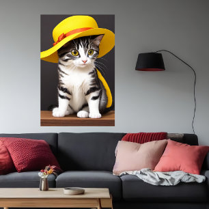 Cute and adorable cat in yellow hat   AI Art Poster