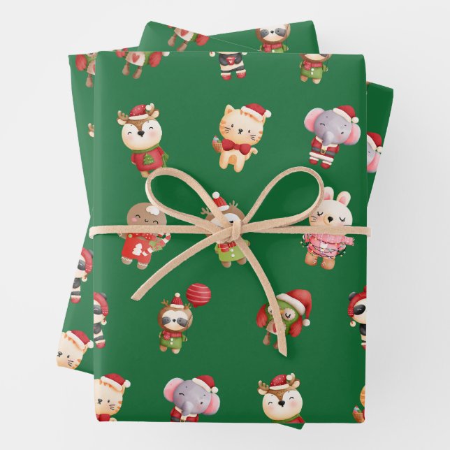 Cute and Adorable Christmas Baby Animals Green Wrapping Paper Sheet (In situ)