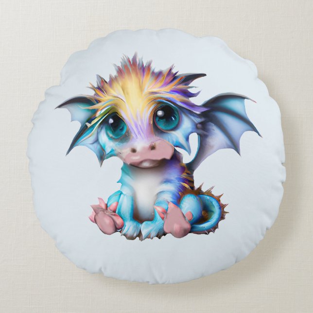 Cute and Adorable Kawaii Baby Dragon Round Cushion (Front)